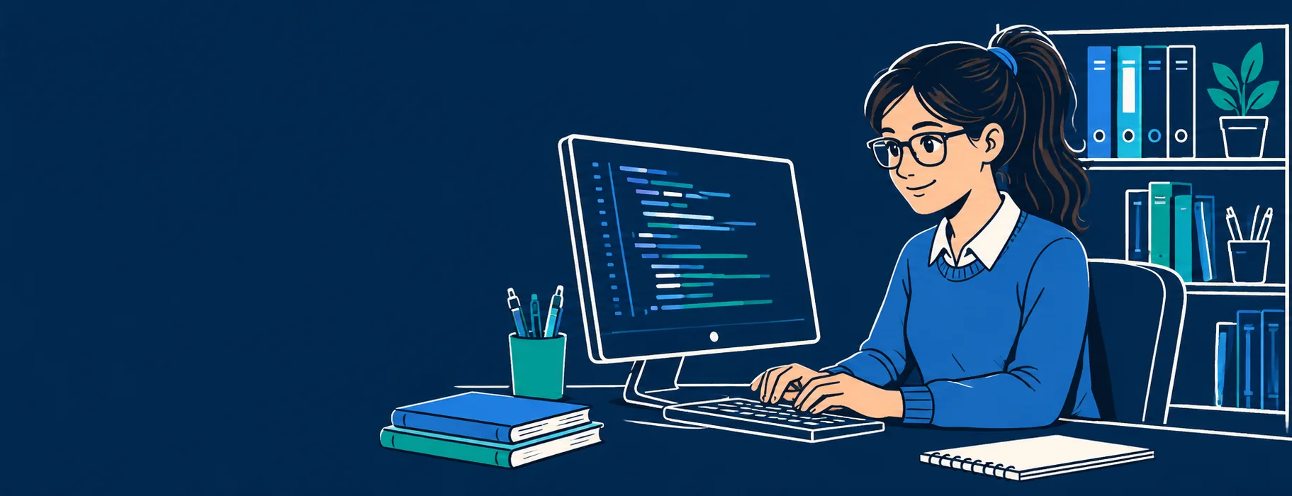 Илюстрация: учителка по информатика работи на компютър